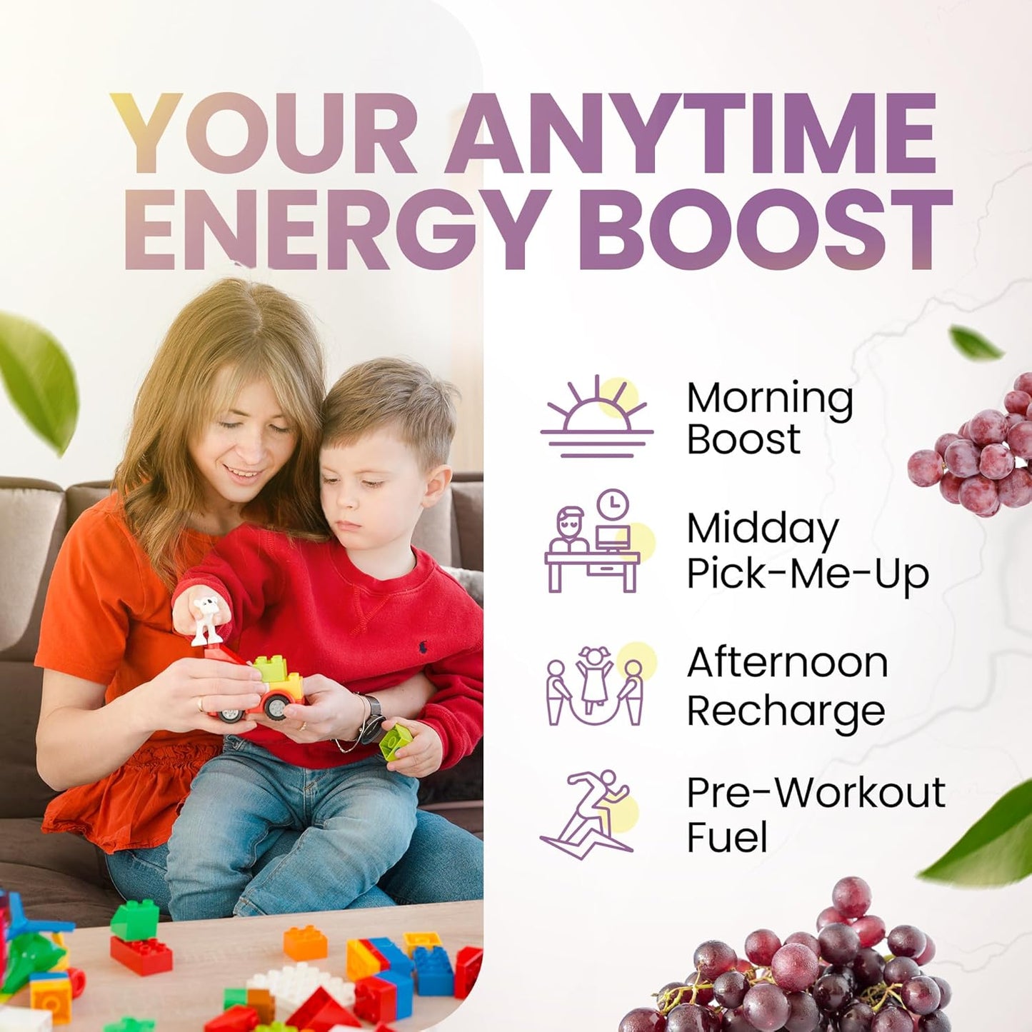 Sugar-Free Grape Energy Powder Drink Mix with Antioxidants for Morning Boost and Sports Nutrition