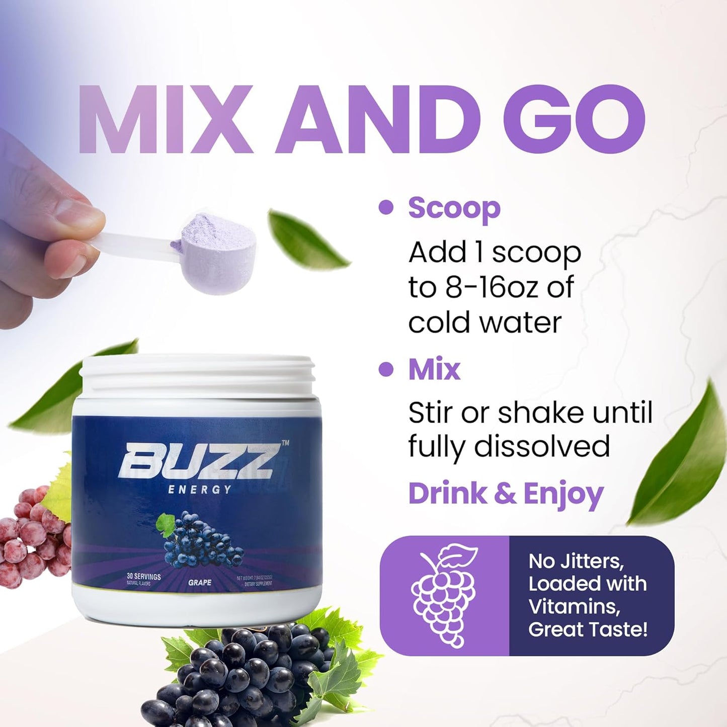 Sugar-Free Grape Energy Powder Drink Mix with Antioxidants for Morning Boost and Sports Nutrition