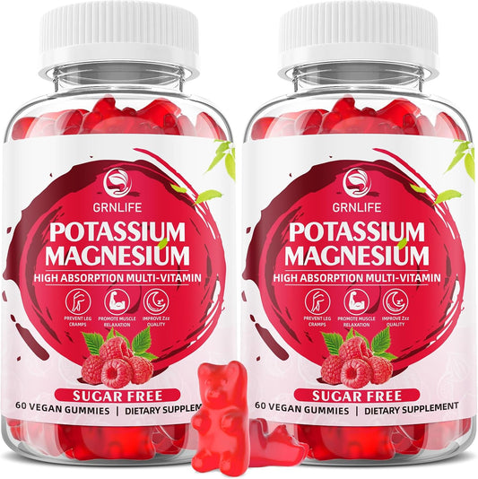 Sugar-Free GrnLife Potassium Magnesium Gummies - Raspberry Flavored Supplement for Leg Cramps and Immune Health - 120 Count