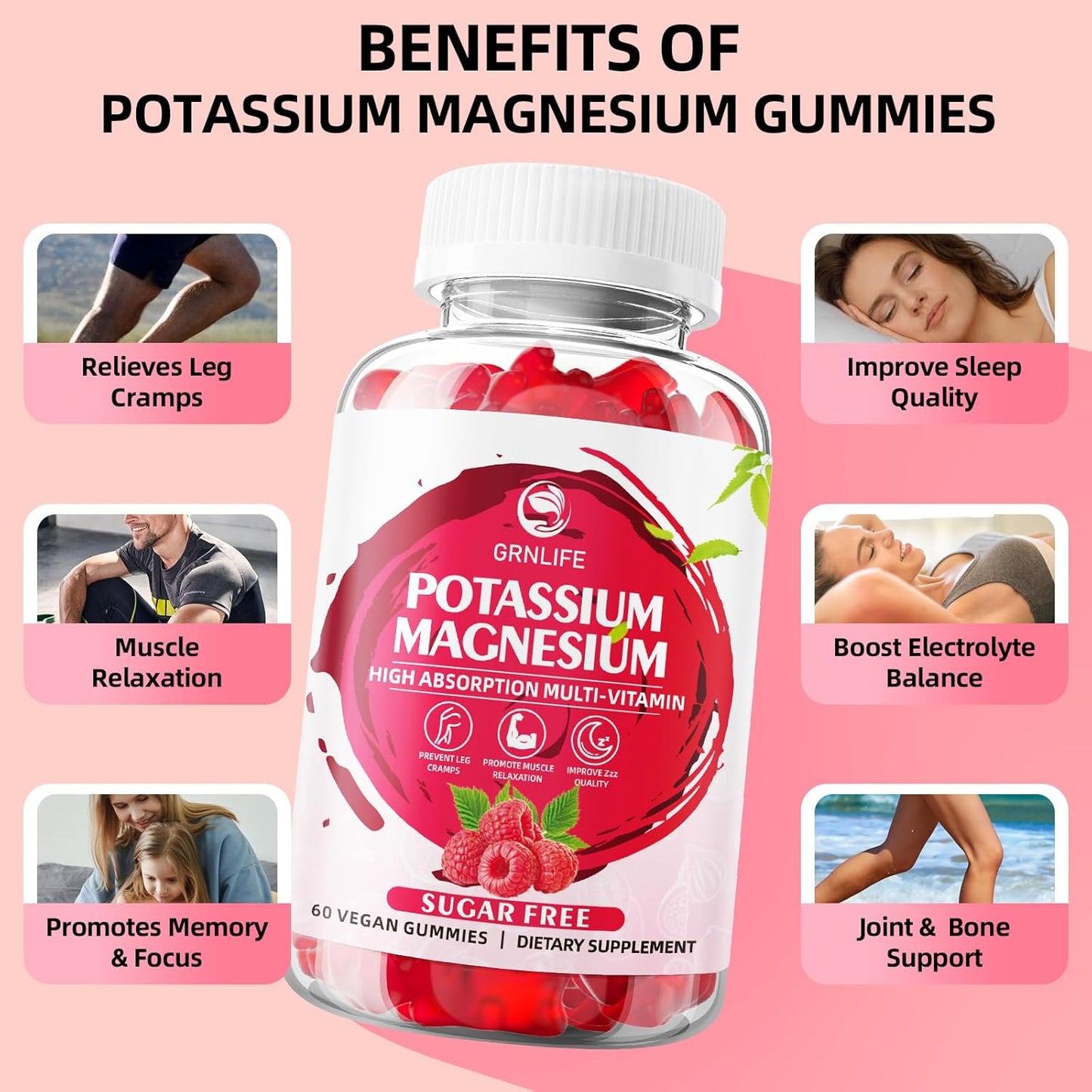 Sugar-Free GrnLife Potassium Magnesium Gummies - Raspberry Flavored Supplement for Leg Cramps and Immune Health - 120 Count