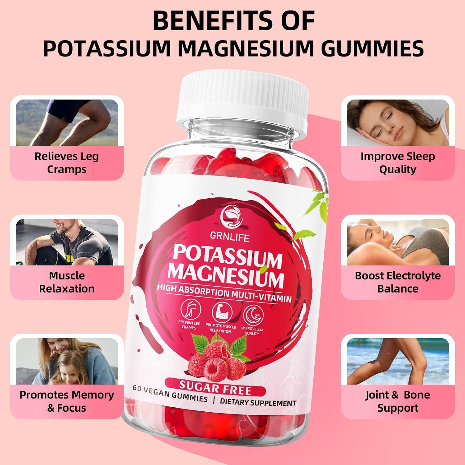 Sugar-Free GrnLife Potassium Magnesium Gummies - Raspberry Flavored Supplement for Leg Cramps and Immune Health - 120 Count