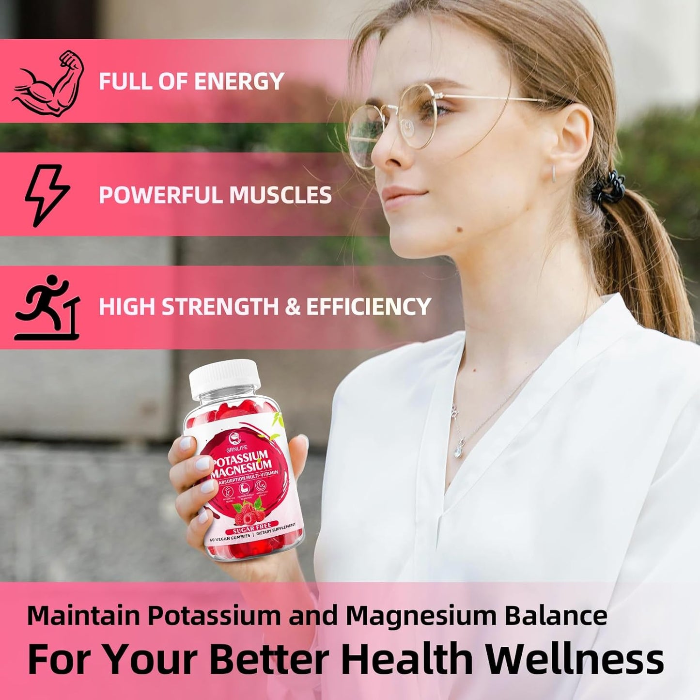 Sugar-Free GrnLife Potassium Magnesium Gummies - Raspberry Flavored Supplement for Leg Cramps and Immune Health - 120 Count