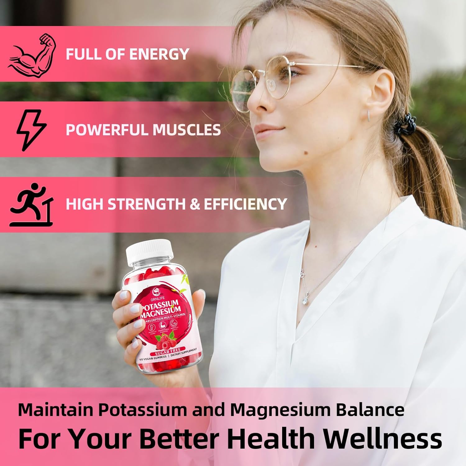 Sugar-Free GrnLife Potassium Magnesium Gummies - Raspberry Flavored Supplement for Leg Cramps and Immune Health - 120 Count