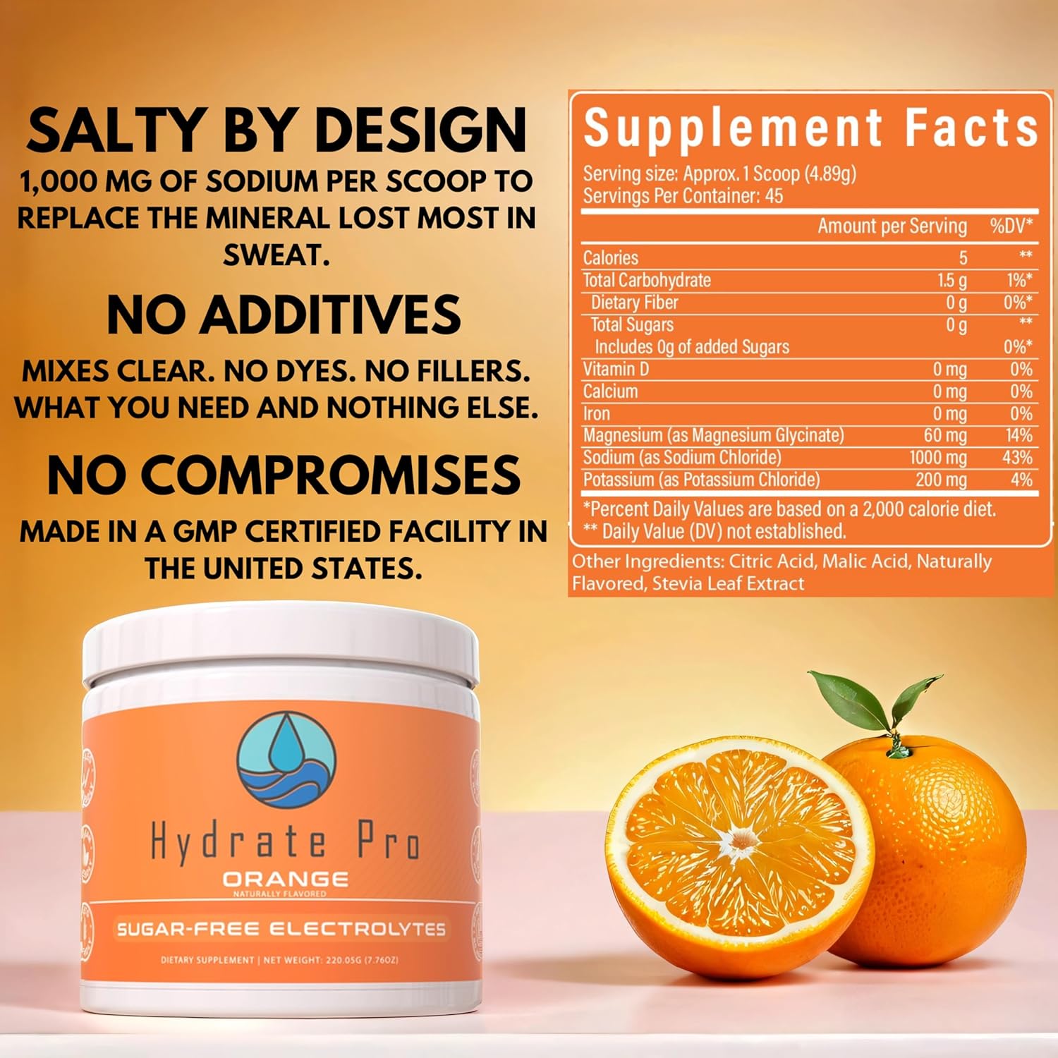 Sugar-Free Hydrate Pro Electrolyte Powder - 1000mg High-Sodium Complex for POTS Support, Keto Flu Prevention - 45 Servings Orange