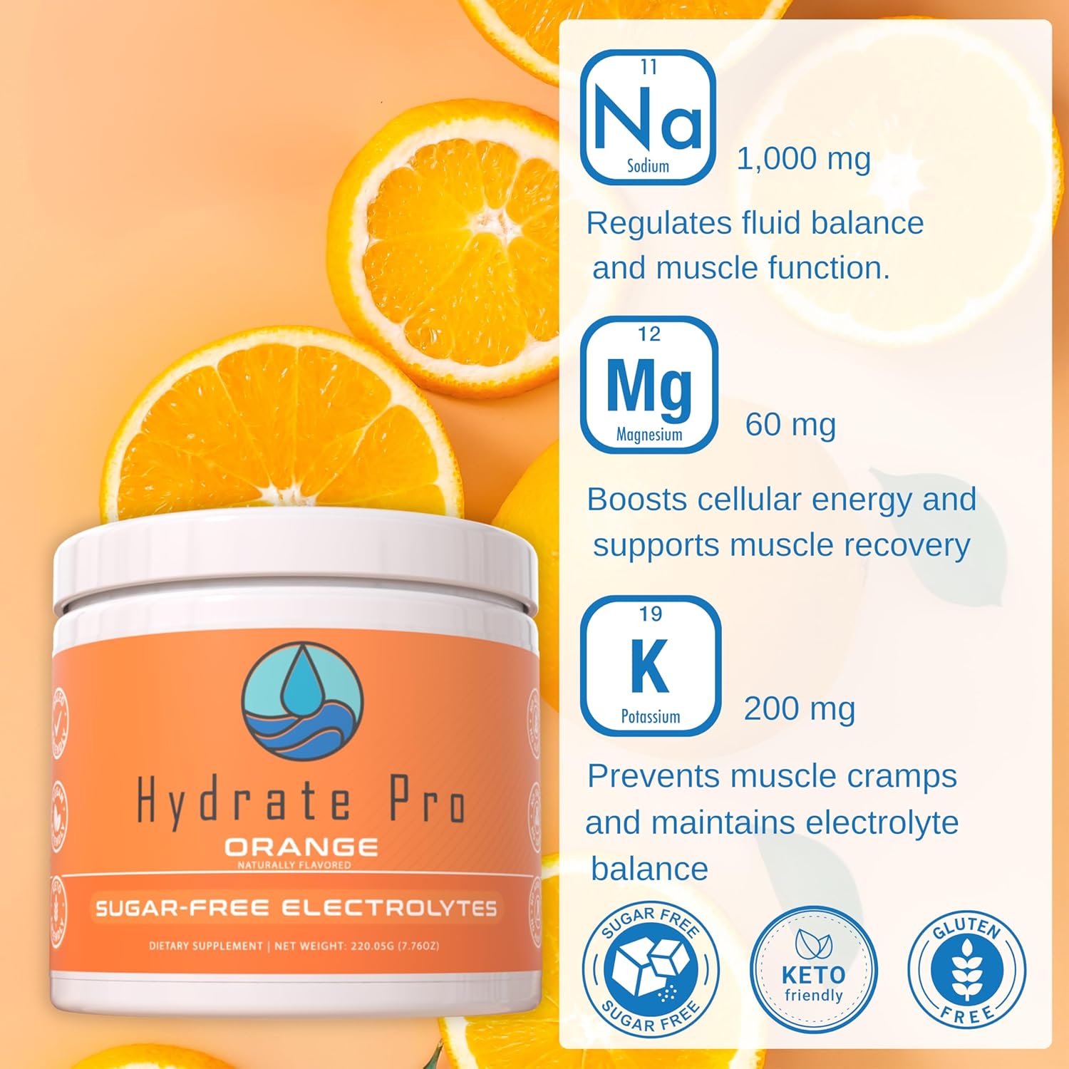 Sugar-Free Hydrate Pro Electrolyte Powder - 1000mg High-Sodium Complex for POTS Support, Keto Flu Prevention - 45 Servings Orange