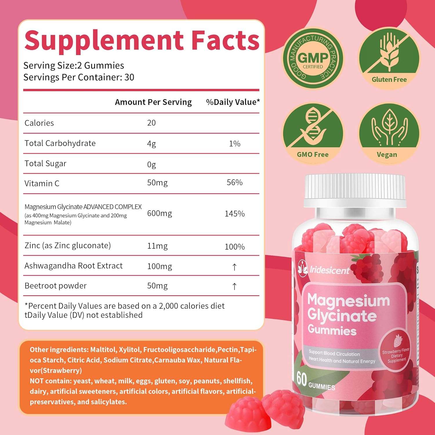 Sugar Free IRIDESICENT Magnesium Glycinate Gummies 400mg with Ashwagandha & Zinc - Vegan Supplement for Adults - 120 Strawberry Gummies