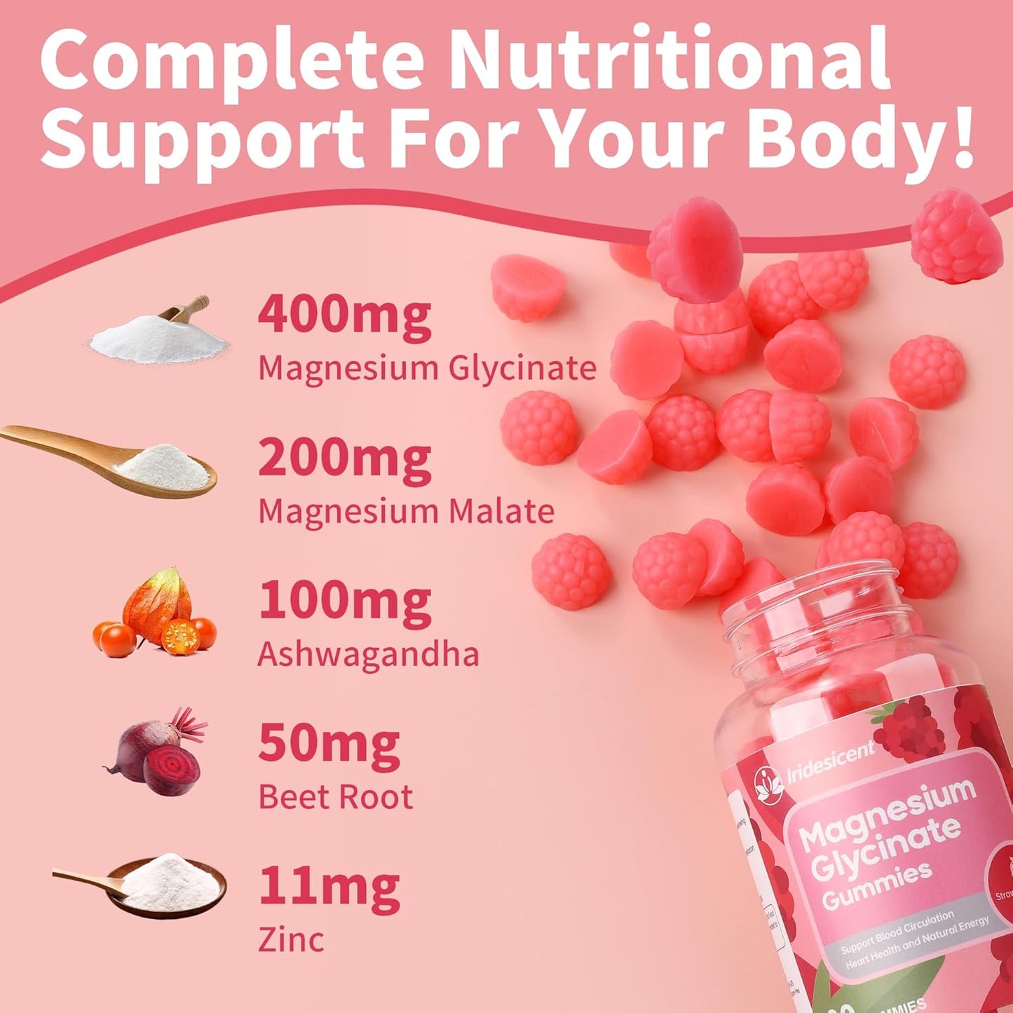 Sugar Free IRIDESICENT Magnesium Glycinate Gummies 400mg with Ashwagandha & Zinc - Vegan Supplement for Adults - 120 Strawberry Gummies
