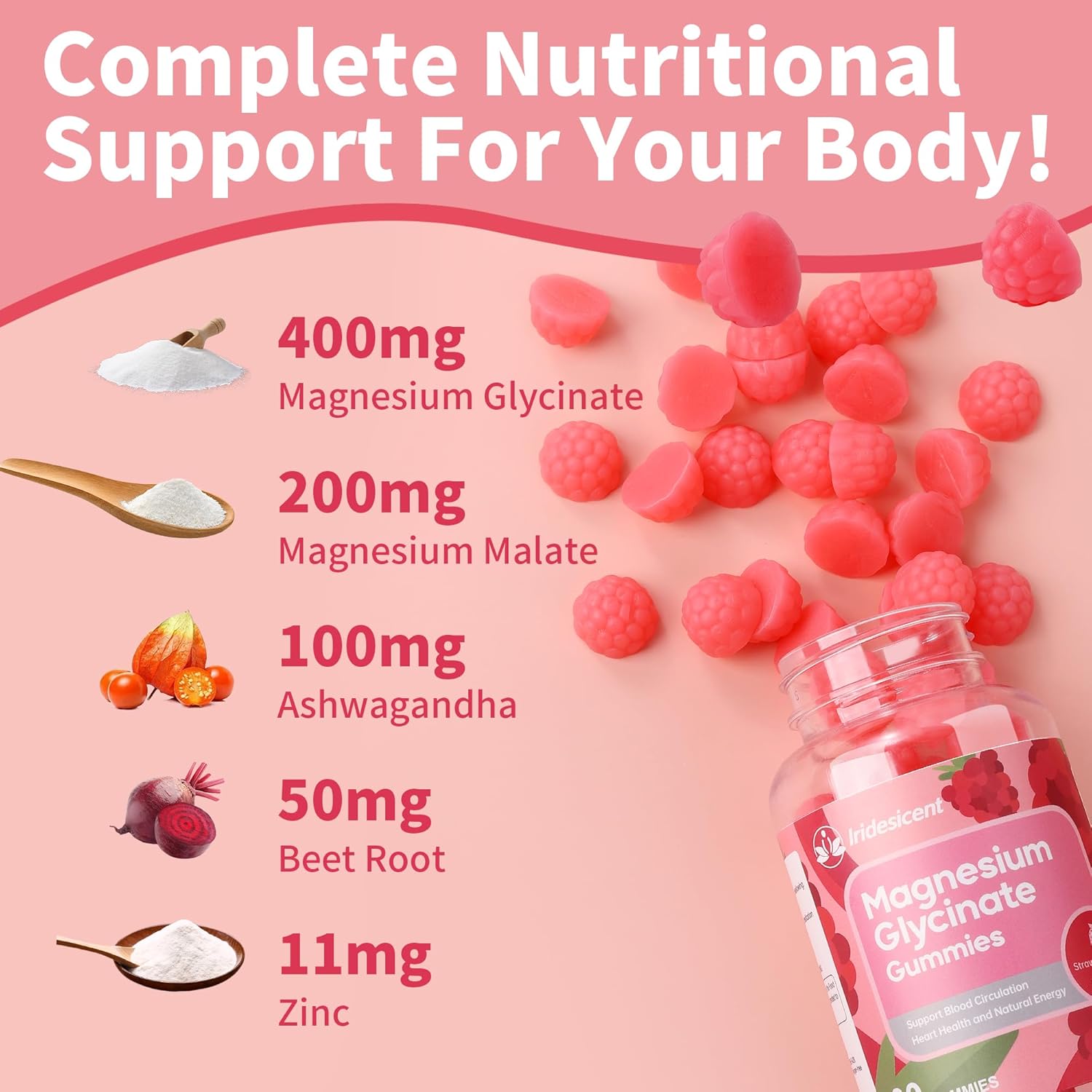 Sugar Free IRIDESICENT Magnesium Glycinate Gummies 400mg with Ashwagandha & Zinc - Vegan Supplement for Adults - 120 Strawberry Gummies