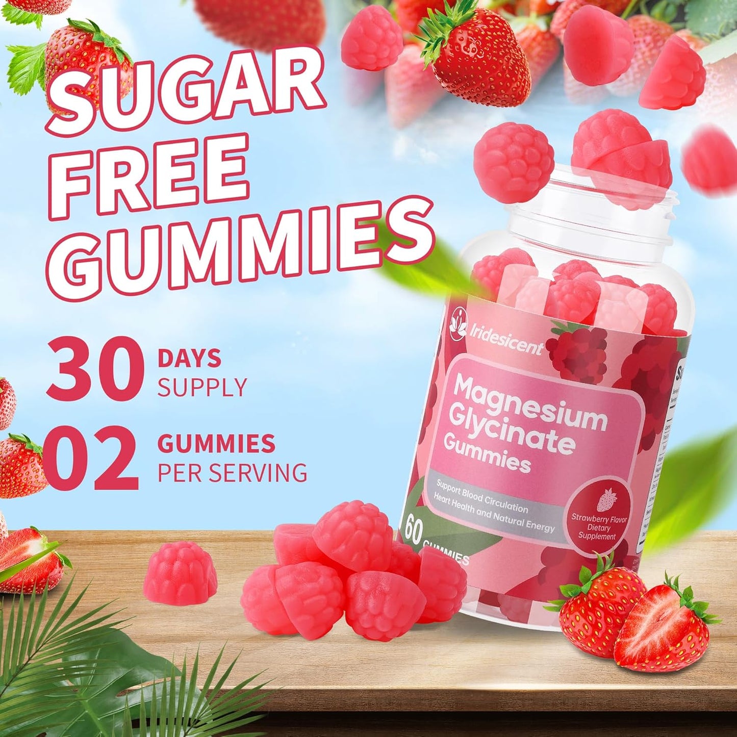 Sugar Free IRIDESICENT Magnesium Glycinate Gummies 400mg with Ashwagandha & Zinc - Vegan Supplement for Adults - 120 Strawberry Gummies