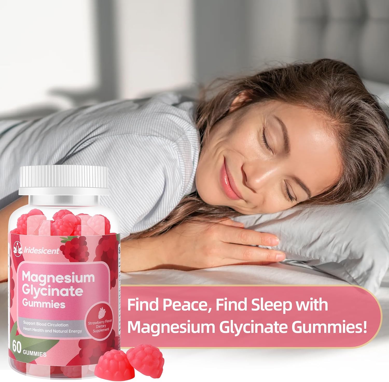 Sugar Free IRIDESICENT Magnesium Glycinate Gummies 400mg with Ashwagandha & Zinc - Vegan Supplement for Adults - 120 Strawberry Gummies