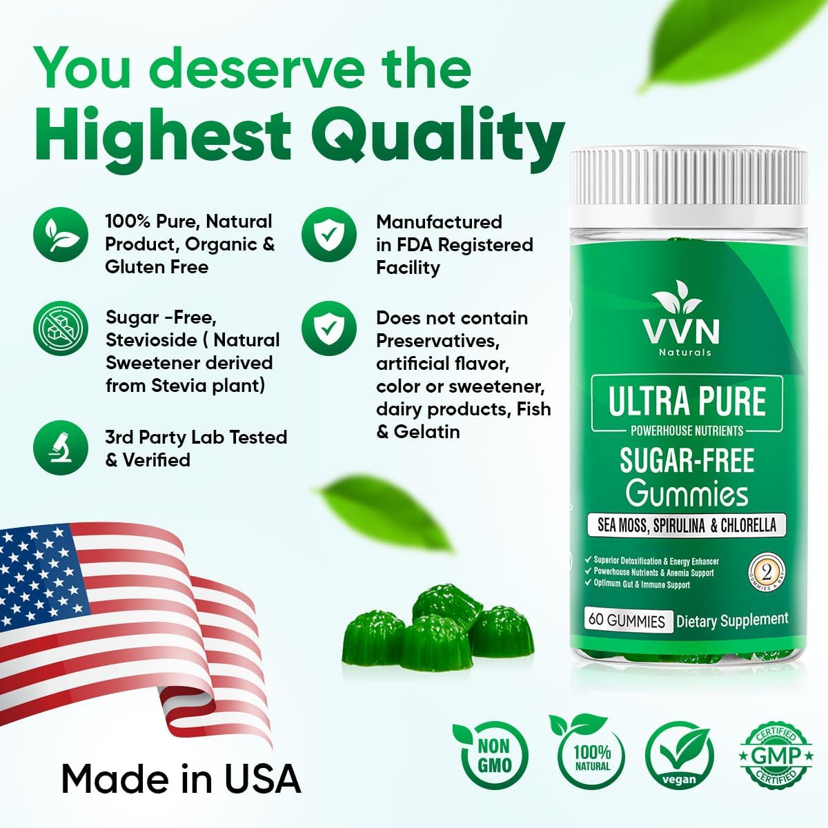 Sugar-Free Irish Sea Moss Gummies with Chlorella & Spirulina for Immune Support - Keto & Alkaline Supplement - 60 Vegan Gummies by VVN Naturals