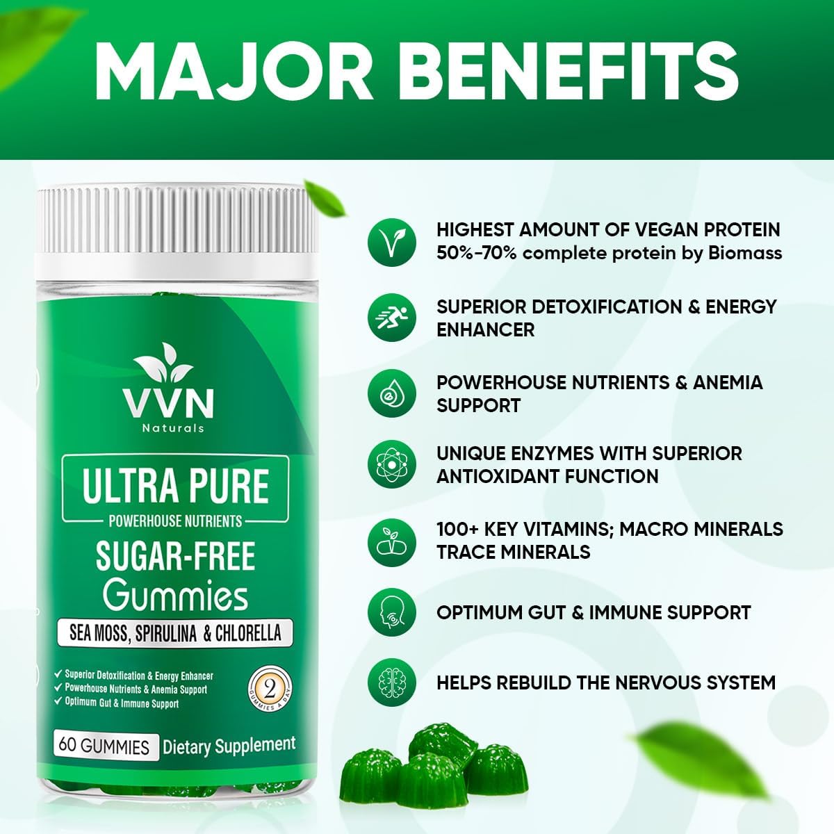 Sugar-Free Irish Sea Moss Gummies with Chlorella & Spirulina for Immune Support - Keto & Alkaline Supplement - 60 Vegan Gummies by VVN Naturals
