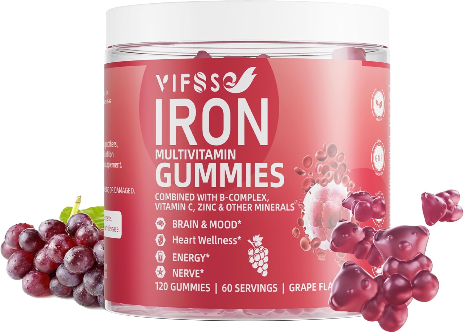 Sugar-Free Iron Gummies for Women, Men & Kids - 120 Grape Flavored Multivitamin Gummies with Iron, Vitamins, Zinc, and Folate for Energy - Vegan Formula with No Aftertaste