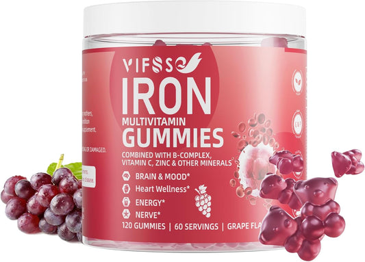 Sugar-Free Iron Gummies for Women, Men & Kids - 120 Grape Flavored Multivitamin Gummies with Iron, Vitamins, Zinc, and Folate for Energy - Vegan Formula with No Aftertaste