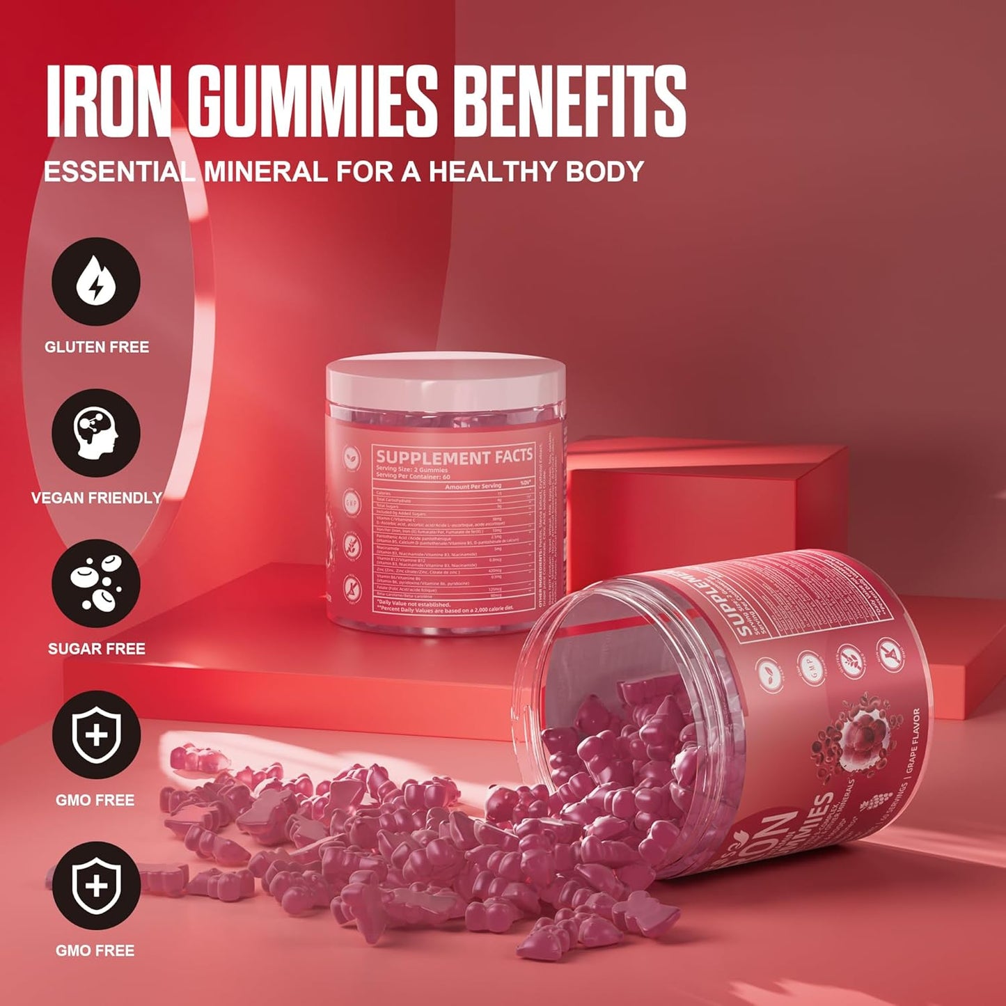 Sugar-Free Iron Gummies for Women, Men & Kids - 120 Grape Flavored Multivitamin Gummies with Iron, Vitamins, Zinc, and Folate for Energy - Vegan Formula with No Aftertaste