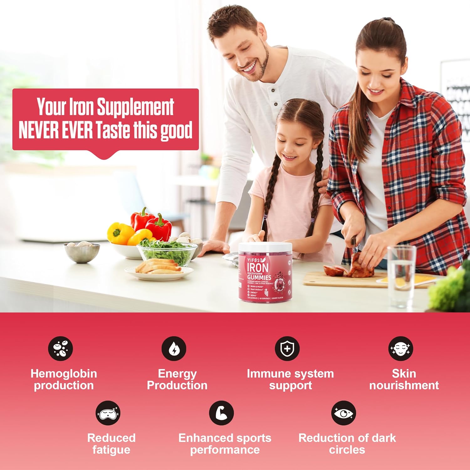 Sugar-Free Iron Gummies for Women, Men & Kids - 120 Grape Flavored Multivitamin Gummies with Iron, Vitamins, Zinc, and Folate for Energy - Vegan Formula with No Aftertaste