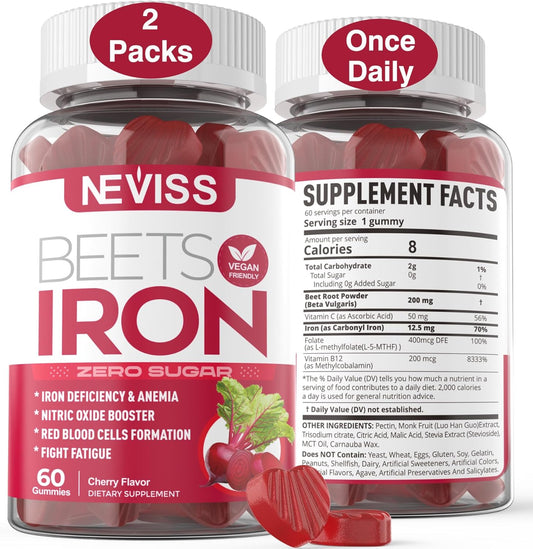Sugar-Free Iron Gummies with Beet Root, Vitamin C, B12, Folate - Iron Deficiency Support - Non-Constipating - Vegan - 2 Pack