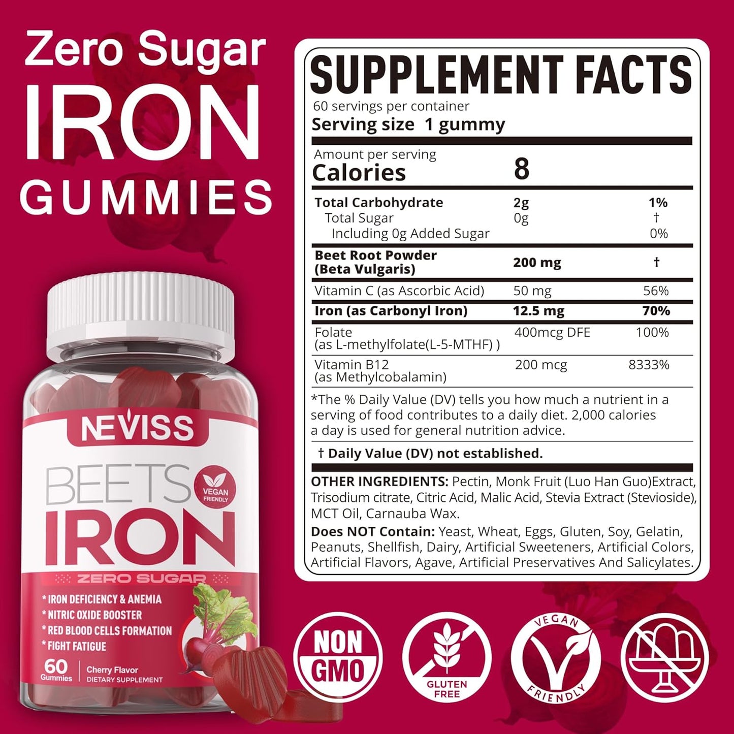 Sugar-Free Iron Gummies with Beet Root, Vitamin C, B12, Folate - Iron Deficiency Support - Non-Constipating - Vegan - 2 Pack