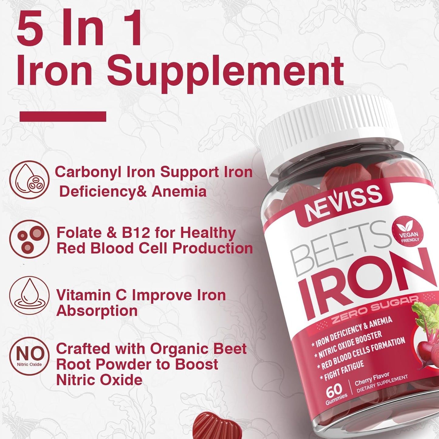 Sugar-Free Iron Gummies with Beet Root, Vitamin C, B12, Folate - Iron Deficiency Support - Non-Constipating - Vegan - 2 Pack