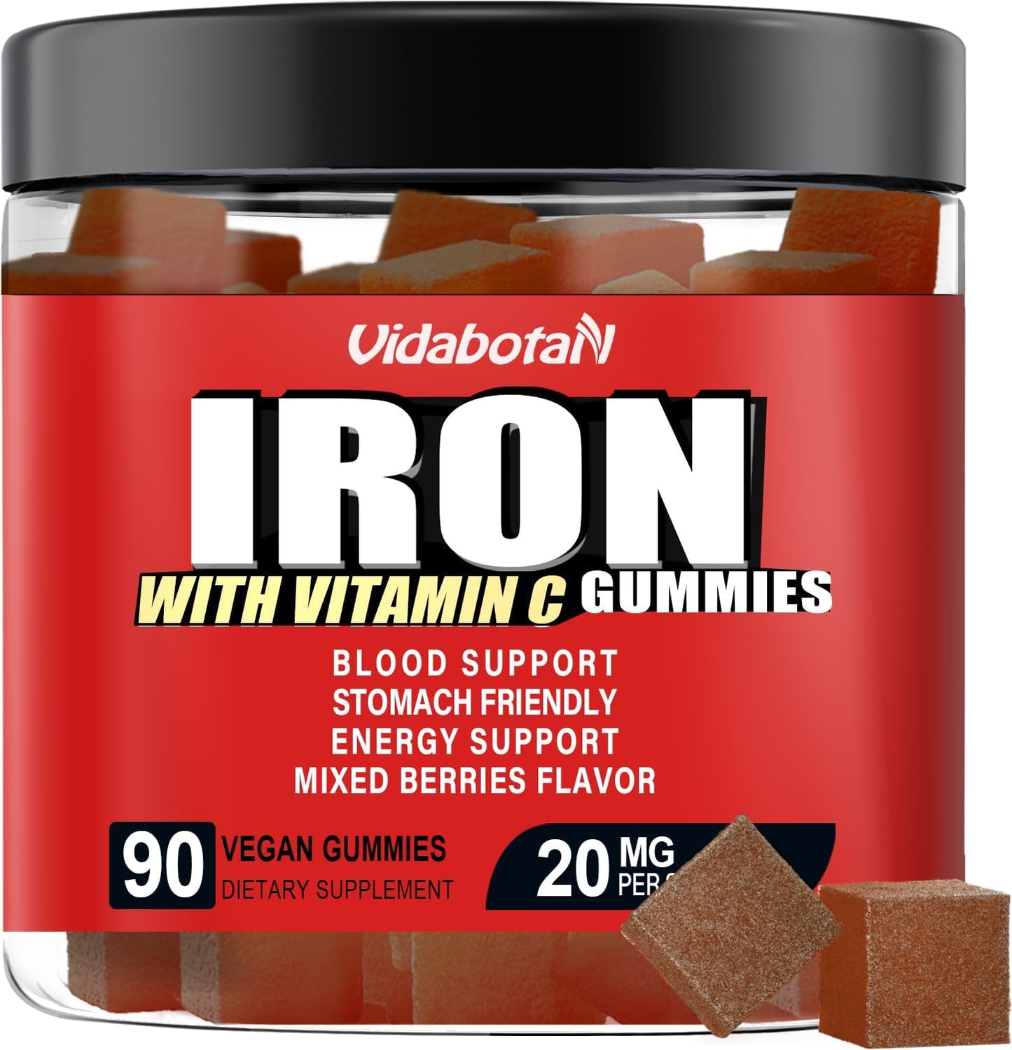 Sugar-Free Iron Gummies with Vitamin C - 20mg Iron Supplement for Men, Women, & Kids - Gentle on Stomach - Mixed Berries Flavor - 90 Vegan Gummies
