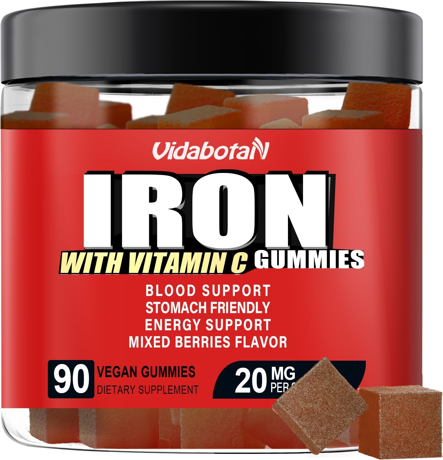 Sugar-Free Iron Gummies with Vitamin C - 20mg Iron Supplement for Men, Women, & Kids - Gentle on Stomach - Mixed Berries Flavor - 90 Vegan Gummies