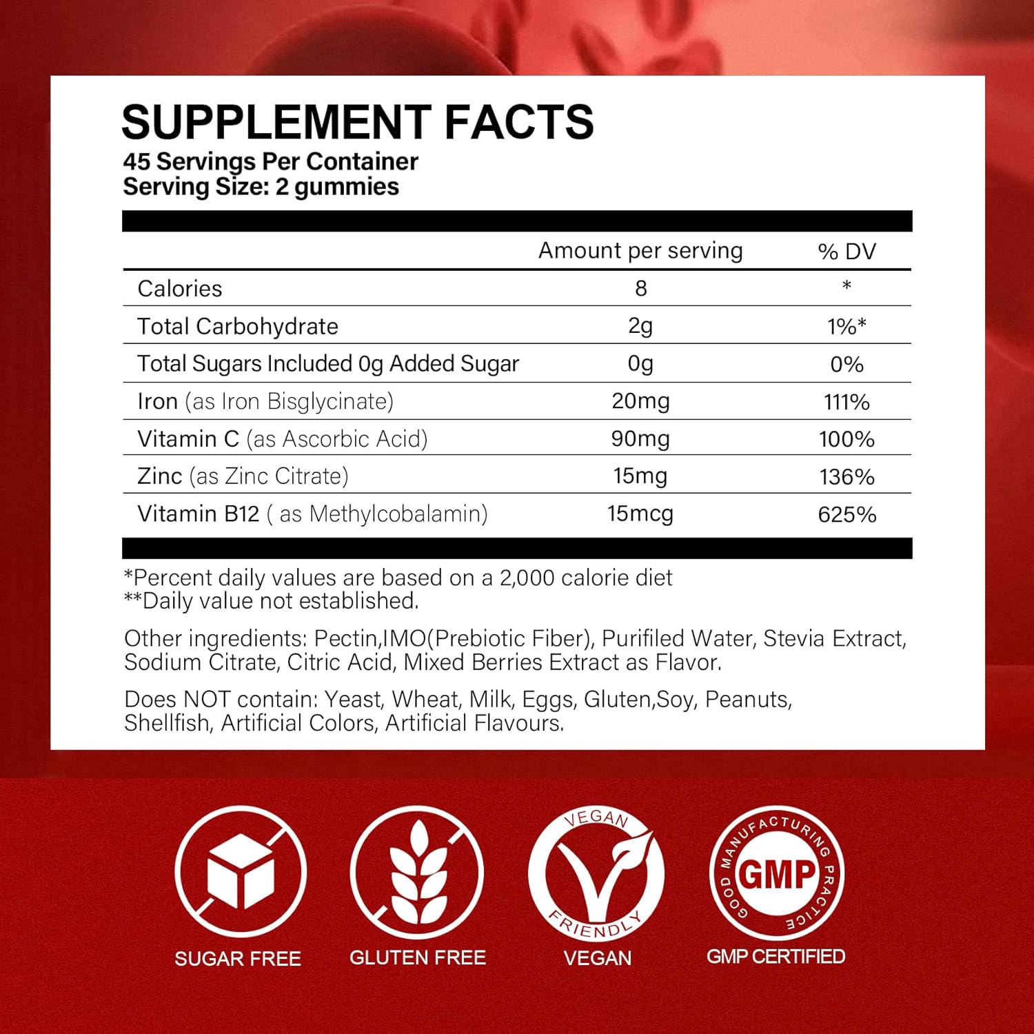 Sugar-Free Iron Gummies with Vitamin C - 20mg Iron Supplement for Men, Women, & Kids - Gentle on Stomach - Mixed Berries Flavor - 90 Vegan Gummies
