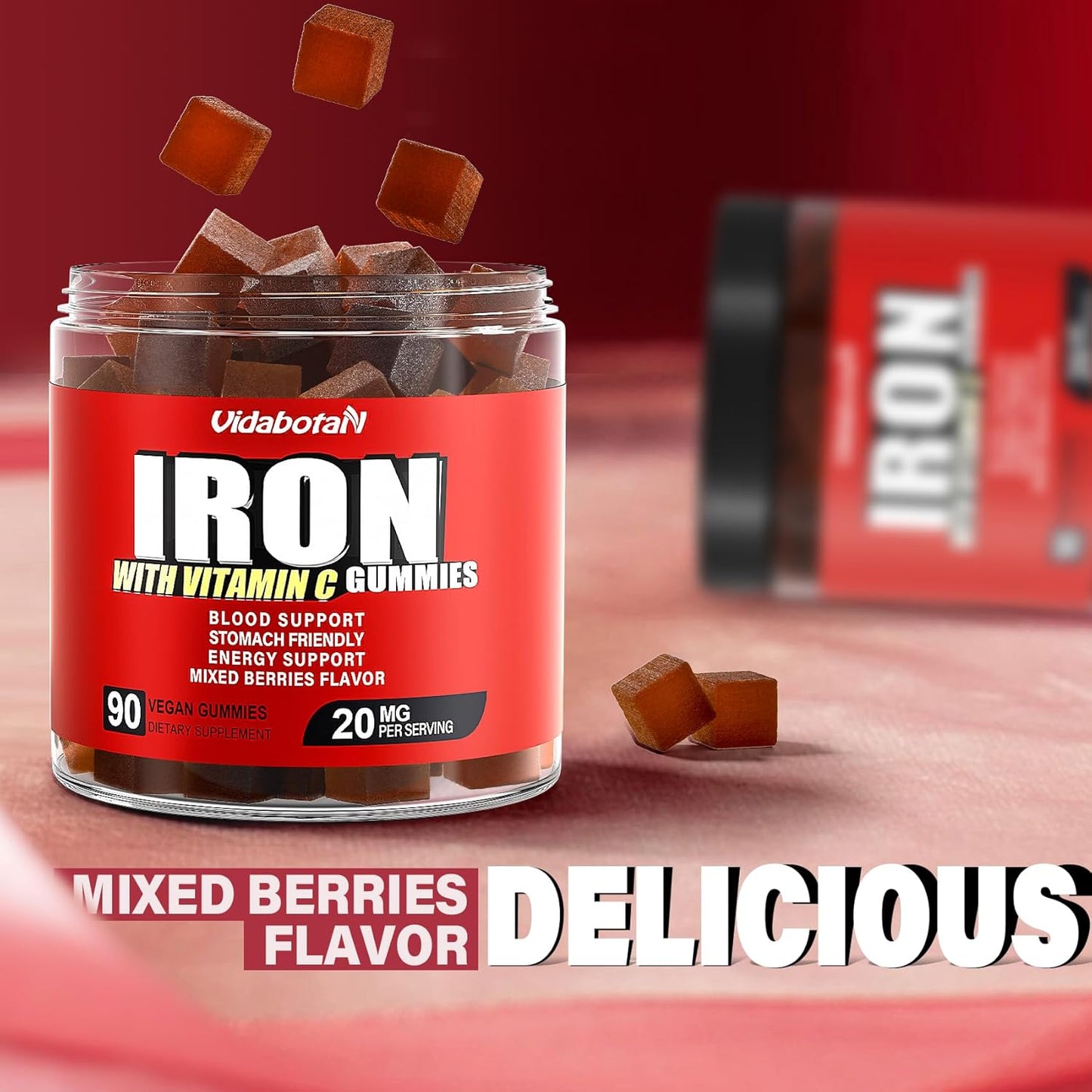 Sugar-Free Iron Gummies with Vitamin C - 20mg Iron Supplement for Men, Women, & Kids - Gentle on Stomach - Mixed Berries Flavor - 90 Vegan Gummies