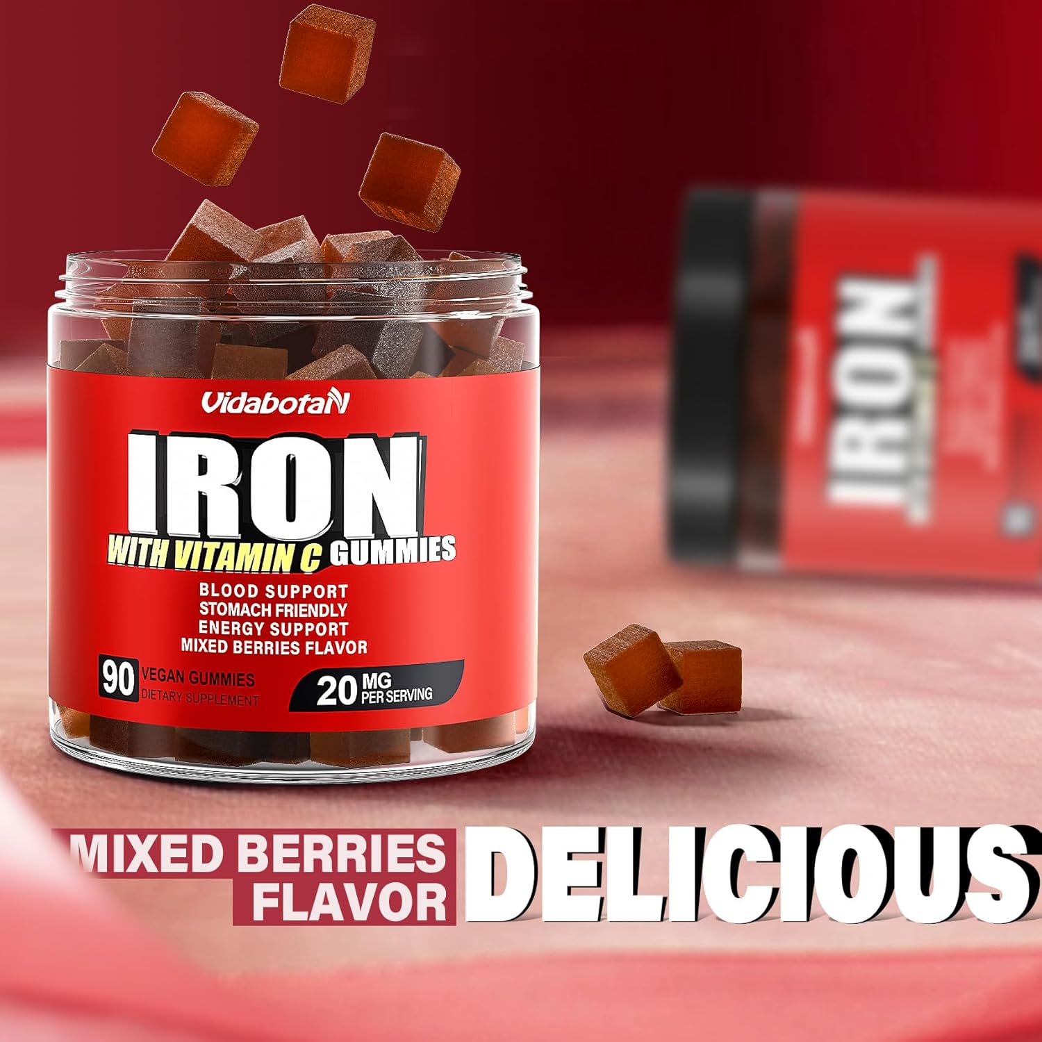 Sugar-Free Iron Gummies with Vitamin C - 20mg Iron Supplement for Men, Women, & Kids - Gentle on Stomach - Mixed Berries Flavor - 90 Vegan Gummies