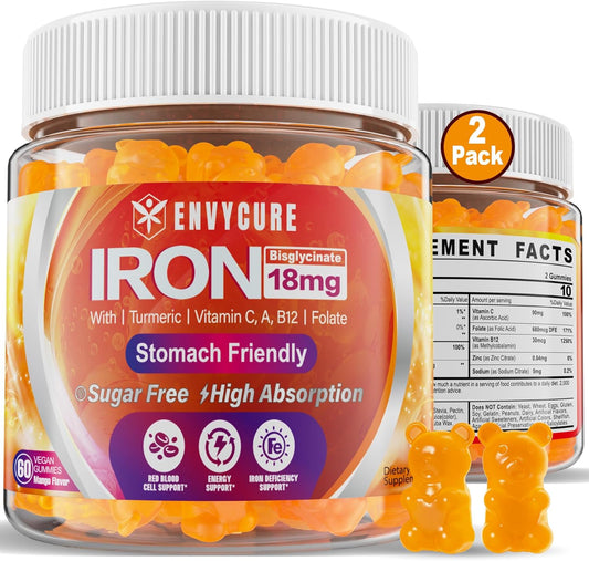 Sugar Free Iron Gummies with Vitamin C, Turmeric & Folate - 36mg Iron Bisglycinate Supplement for Energy & Iron Deficiency - Non-Constipating Blood Builder Gummies for Women Men - 2 Pack