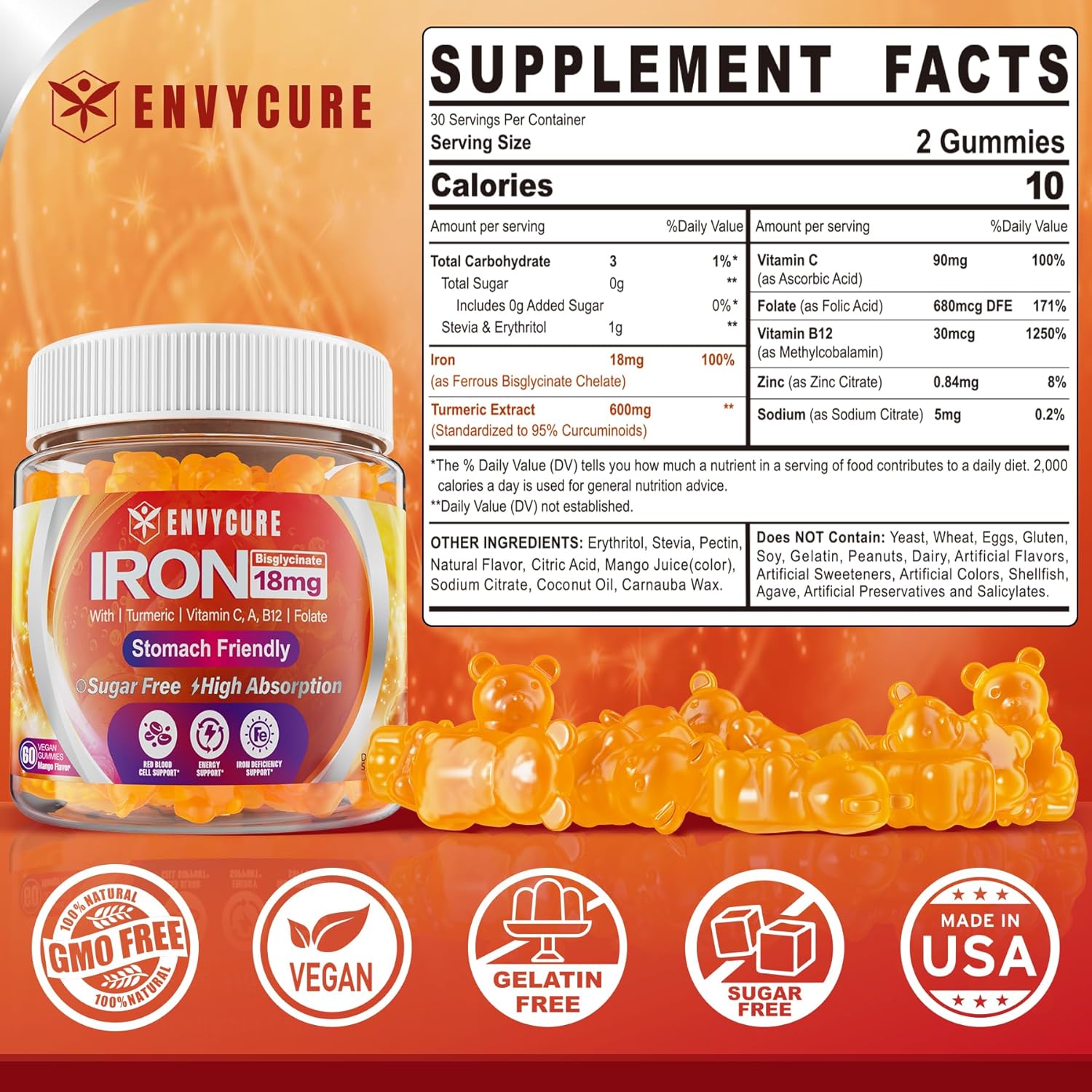 Sugar Free Iron Gummies with Vitamin C, Turmeric & Folate - 36mg Iron Bisglycinate Supplement for Energy & Iron Deficiency - Non-Constipating Blood Builder Gummies for Women Men - 2 Pack