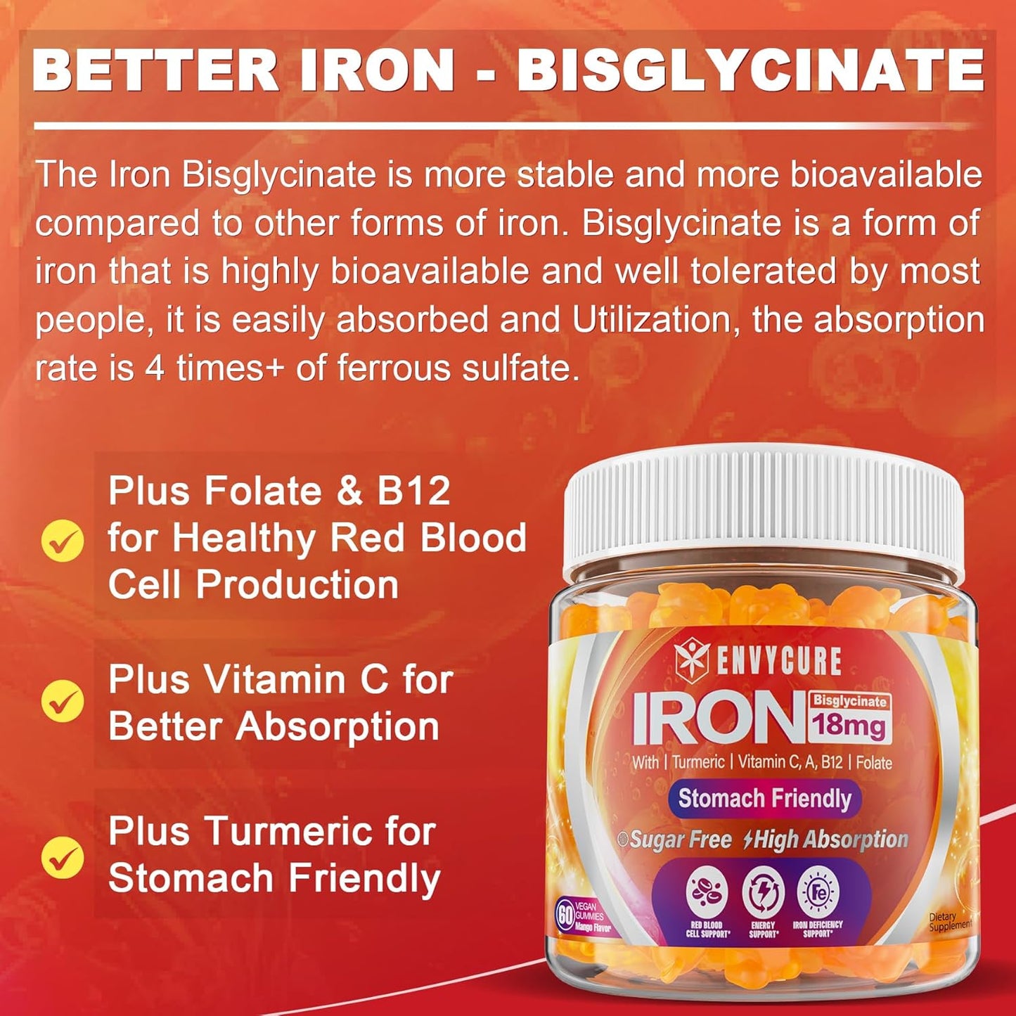 Sugar Free Iron Gummies with Vitamin C, Turmeric & Folate - 36mg Iron Bisglycinate Supplement for Energy & Iron Deficiency - Non-Constipating Blood Builder Gummies for Women Men - 2 Pack