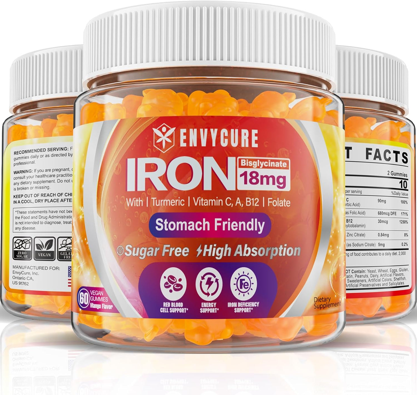 Sugar Free Iron Gummies with Vitamin C, Turmeric & Folate - 36mg Iron Bisglycinate Supplement for Energy & Iron Deficiency - Non-Constipating Blood Builder Gummies for Women Men - 2 Pack