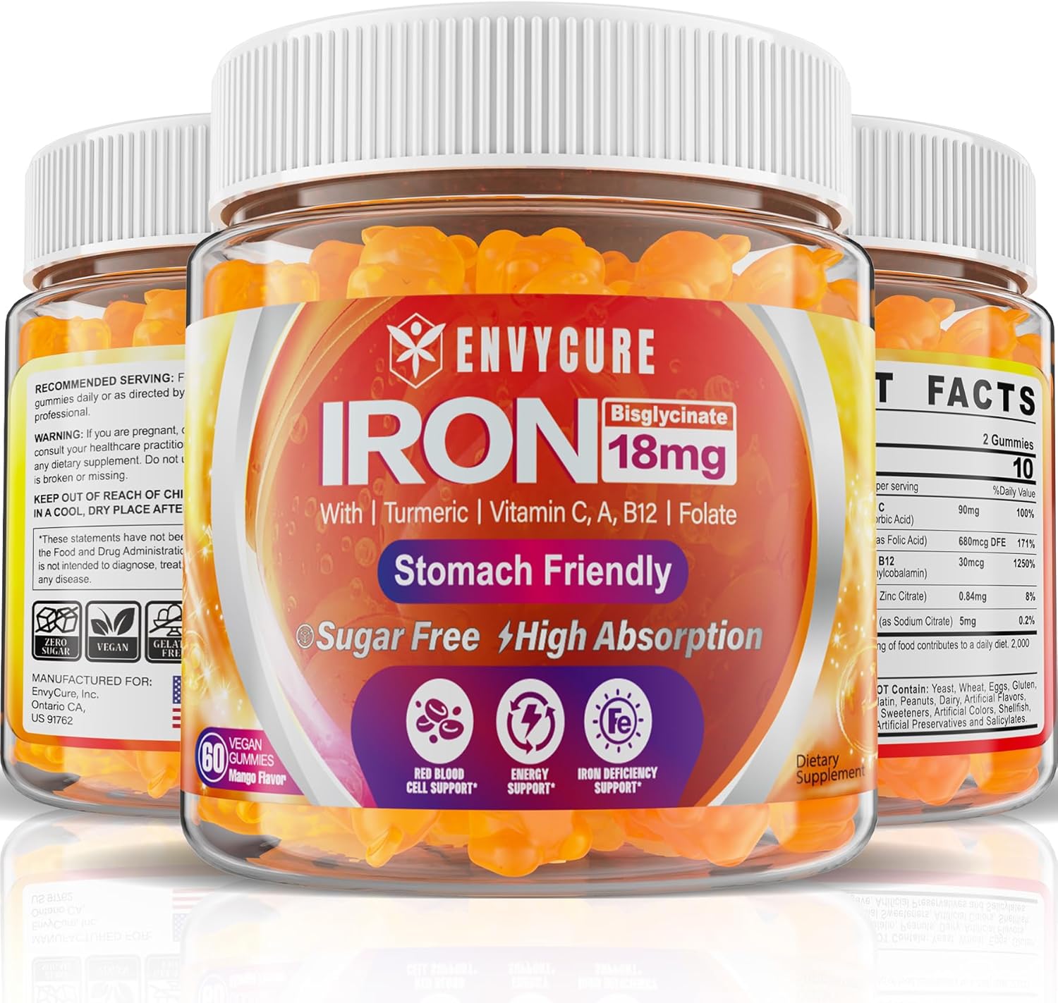 Sugar Free Iron Gummies with Vitamin C, Turmeric & Folate - 36mg Iron Bisglycinate Supplement for Energy & Iron Deficiency - Non-Constipating Blood Builder Gummies for Women Men - 2 Pack