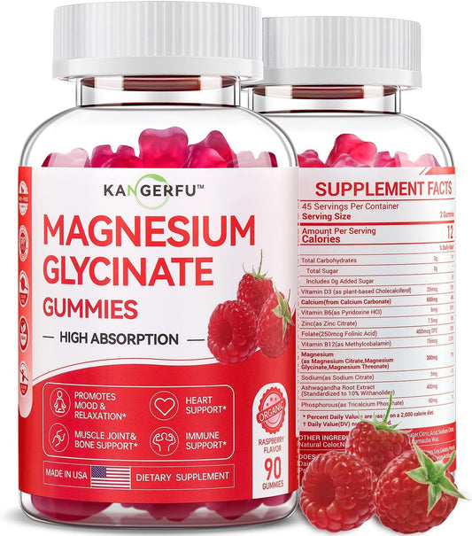 Sugar-Free KANGERFU Magnesium Glycinate Gummies 300mg - Relaxation & Stress Relief Supplement - Raspberry Flavor - 90 Gummies