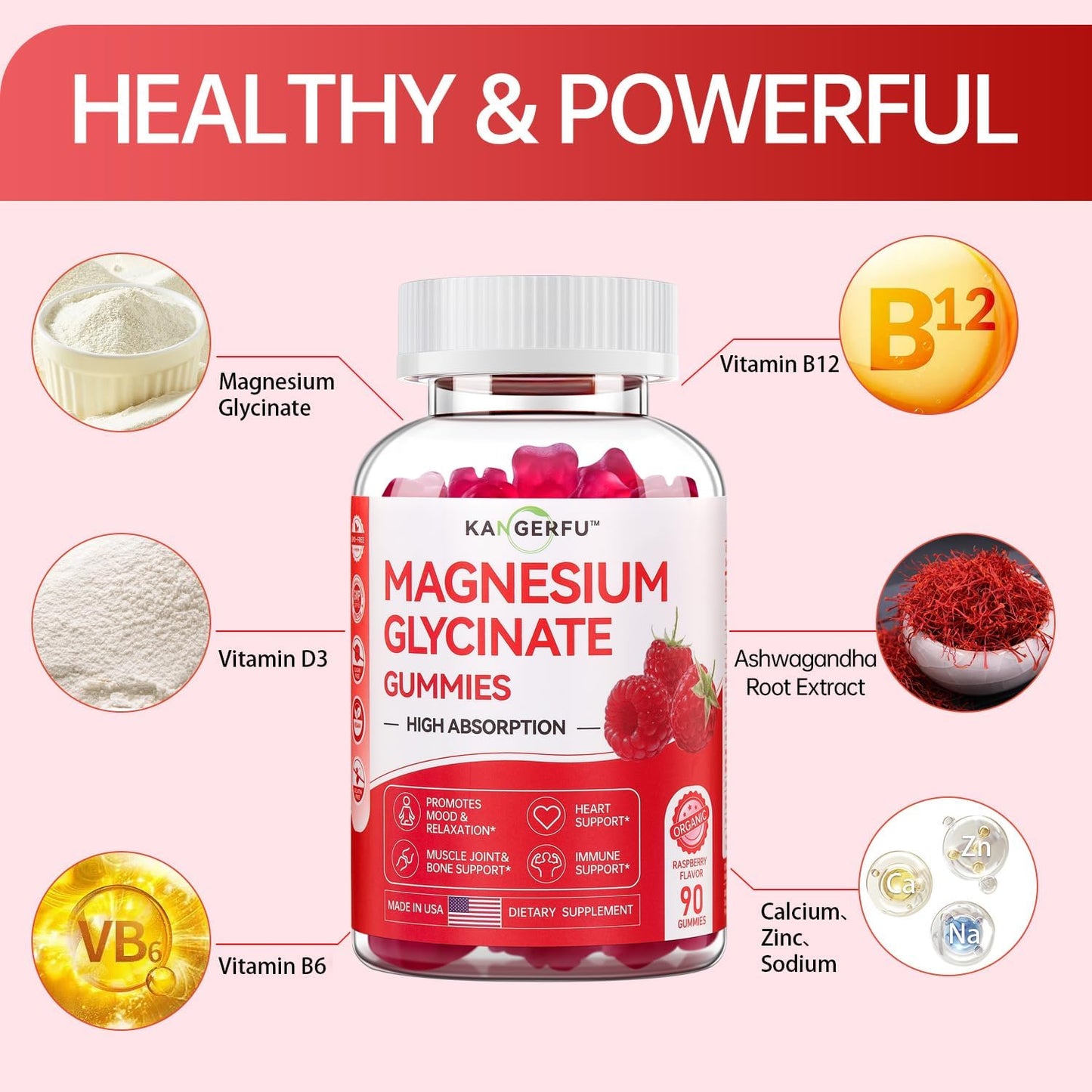 Sugar-Free KANGERFU Magnesium Glycinate Gummies 300mg - Relaxation & Stress Relief Supplement - Raspberry Flavor - 90 Gummies