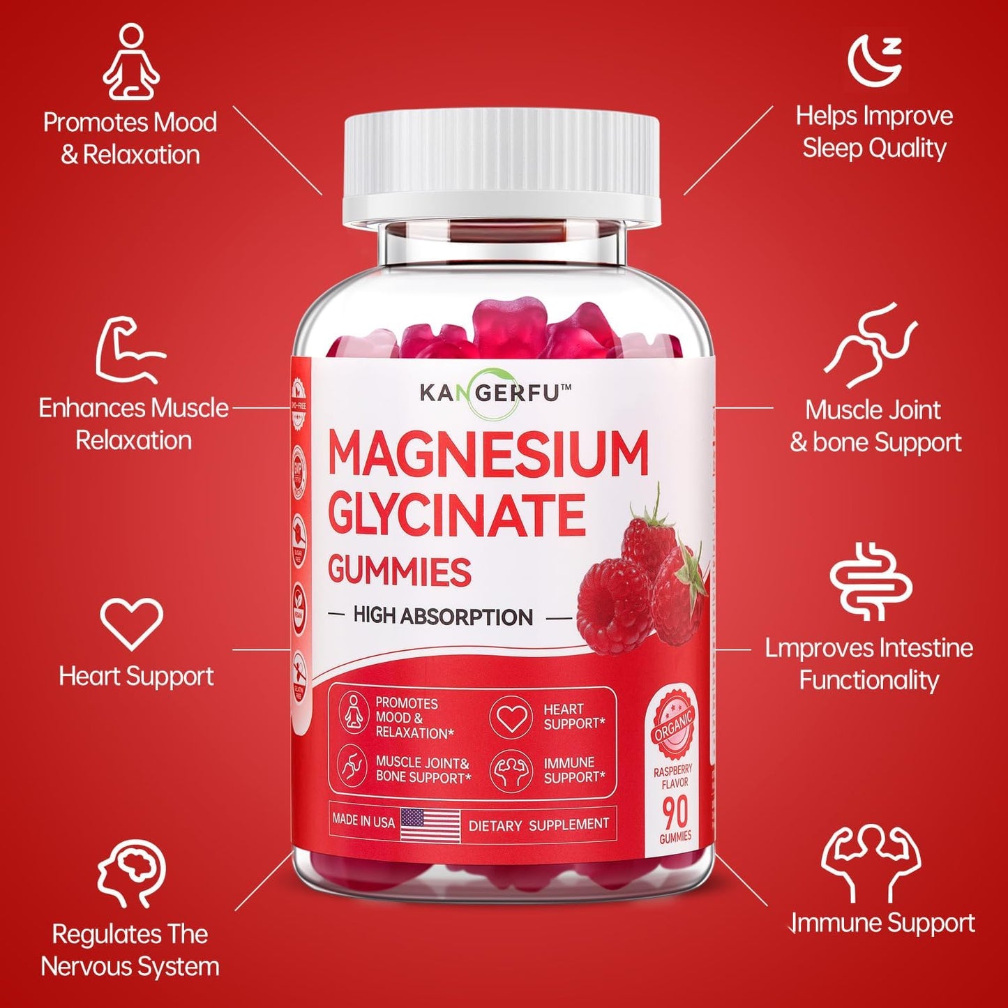 Sugar-Free KANGERFU Magnesium Glycinate Gummies 300mg - Relaxation & Stress Relief Supplement - Raspberry Flavor - 90 Gummies
