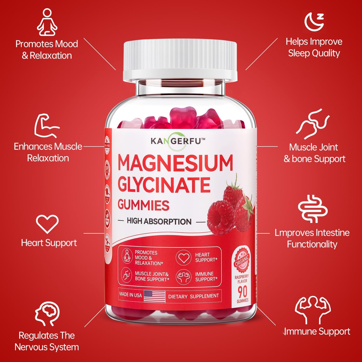Sugar-Free KANGERFU Magnesium Glycinate Gummies 300mg - Relaxation & Stress Relief Supplement - Raspberry Flavor - 90 Gummies