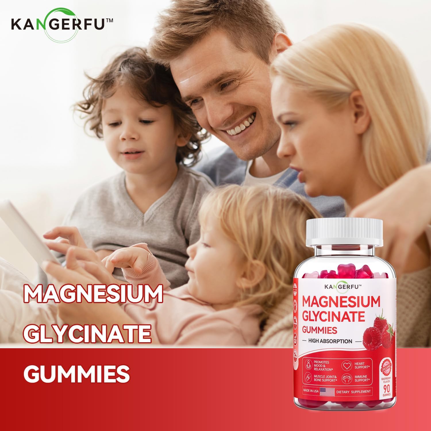 Sugar-Free KANGERFU Magnesium Glycinate Gummies 300mg - Relaxation & Stress Relief Supplement - Raspberry Flavor - 90 Gummies