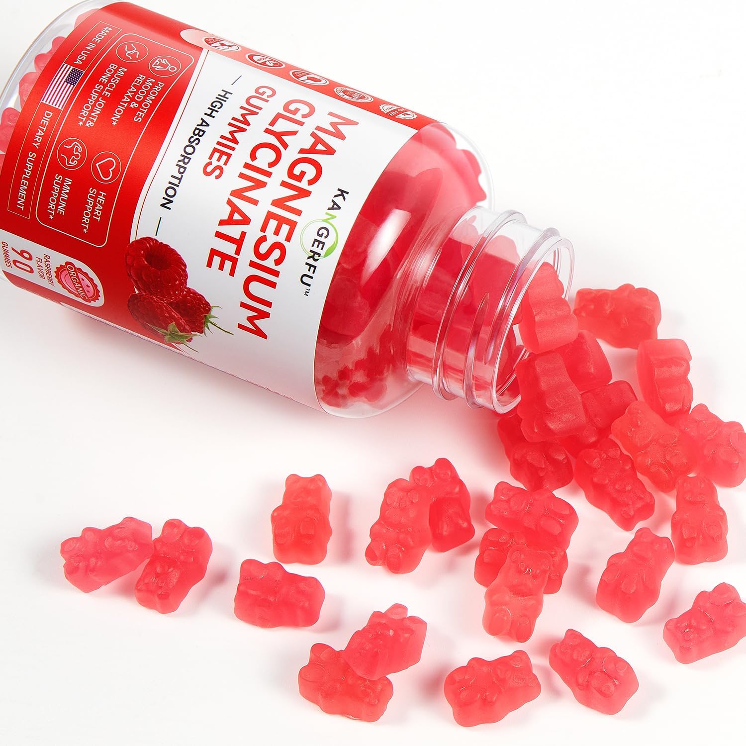 Sugar-Free KANGERFU Magnesium Glycinate Gummies 300mg - Relaxation & Stress Relief Supplement - Raspberry Flavor - 90 Gummies