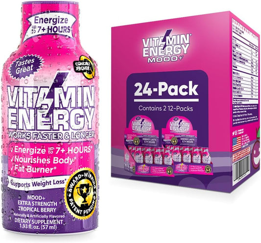 Sugar-Free Keto and Vegan Friendly Mood Support Energy Drink Shots with Rhodiola and Chamomile for 7+ Hours of Energy - Tropical Berry Flavor - 1.93 Fl Oz (Pack of 24)