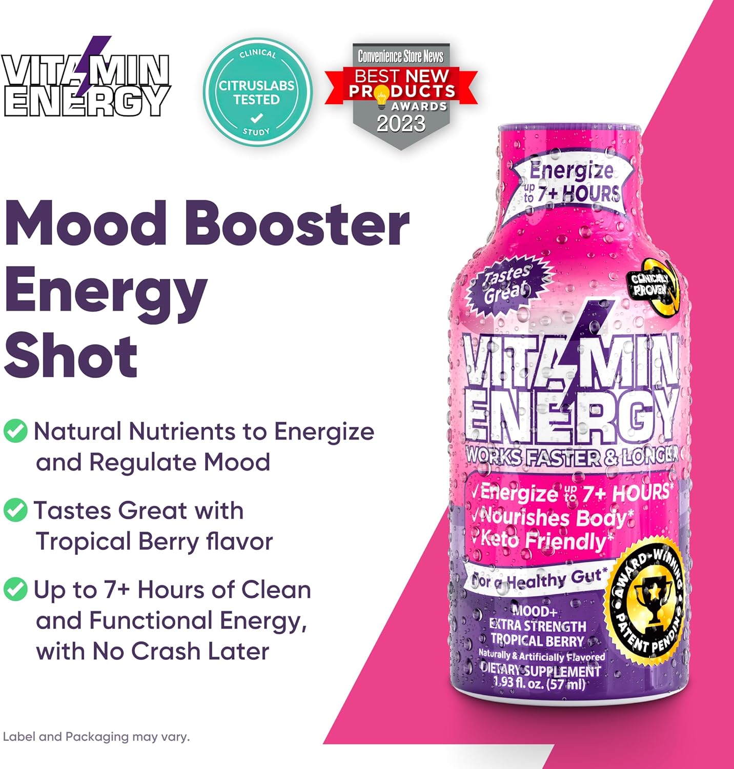 Sugar-Free Keto and Vegan Friendly Mood Support Energy Drink Shots with Rhodiola and Chamomile for 7+ Hours of Energy - Tropical Berry Flavor - 1.93 Fl Oz (Pack of 24)