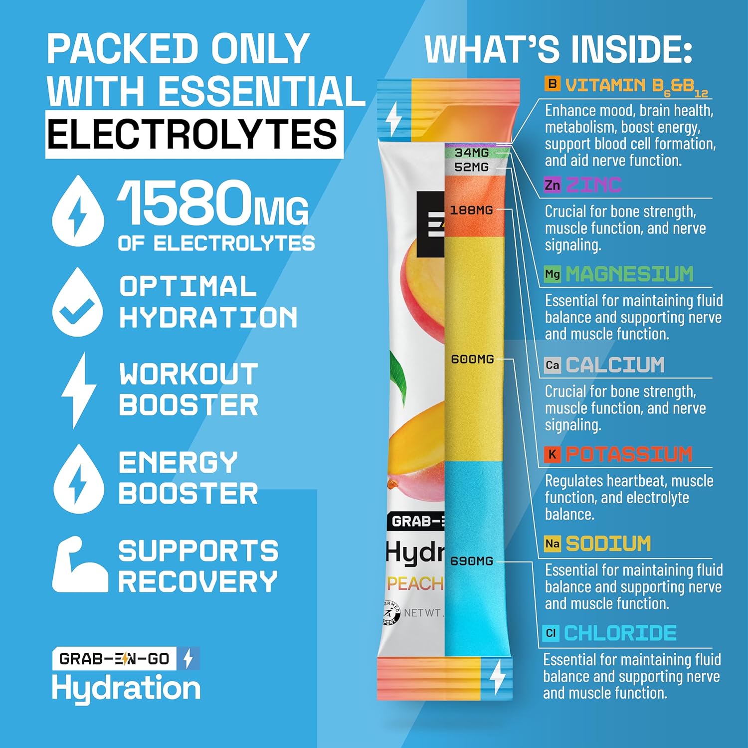 Sugar-Free Keto Electrolytes Powder Packets - Peach Mango Flavor, 18 CT, Vegan, Non-GMO, Organic, Gluten-Free, Single-Serving Hydration Packets
