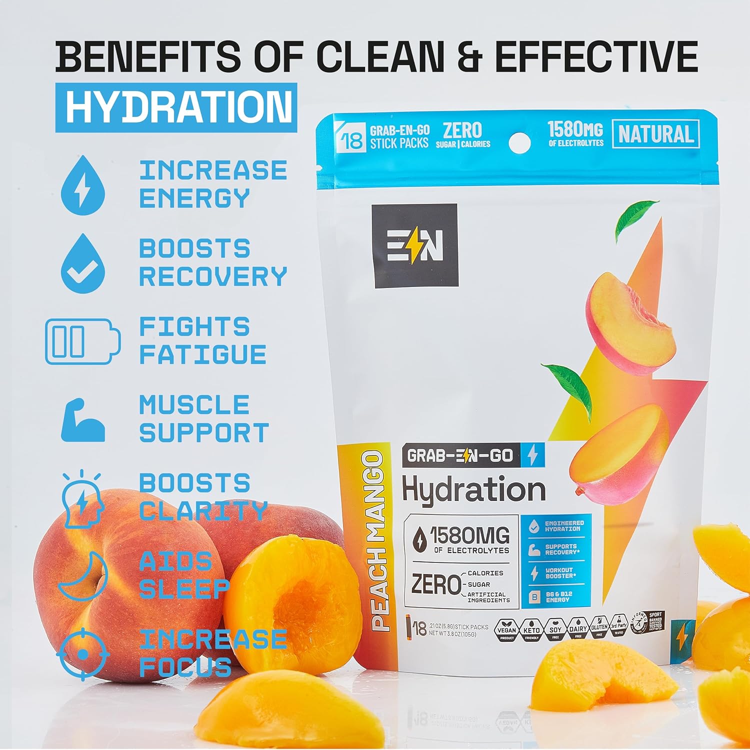 Sugar-Free Keto Electrolytes Powder Packets - Peach Mango Flavor, 18 CT, Vegan, Non-GMO, Organic, Gluten-Free, Single-Serving Hydration Packets