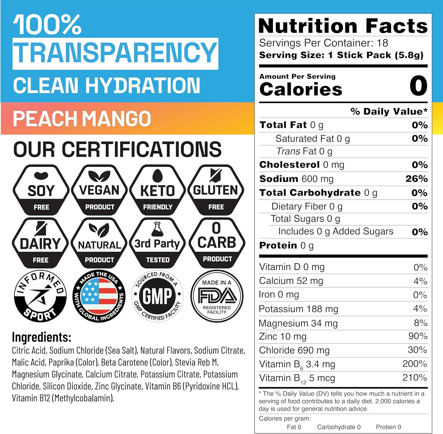 Sugar-Free Keto Electrolytes Powder Packets - Peach Mango Flavor, 18 CT, Vegan, Non-GMO, Organic, Gluten-Free, Single-Serving Hydration Packets