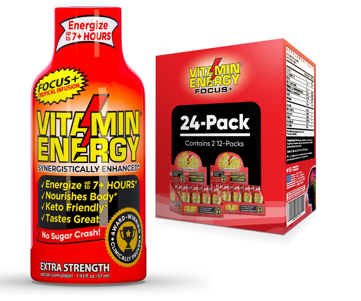 Sugar-Free Keto Vegan Energy Shots for Focus & Concentration Boost - Tropical Infusion, 1.93 Fl Oz (Pack of 24)
