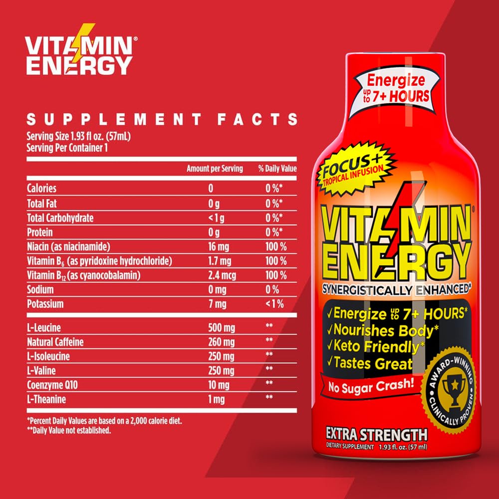 Sugar-Free Keto Vegan Energy Shots for Focus & Concentration Boost - Tropical Infusion, 1.93 Fl Oz (Pack of 24)