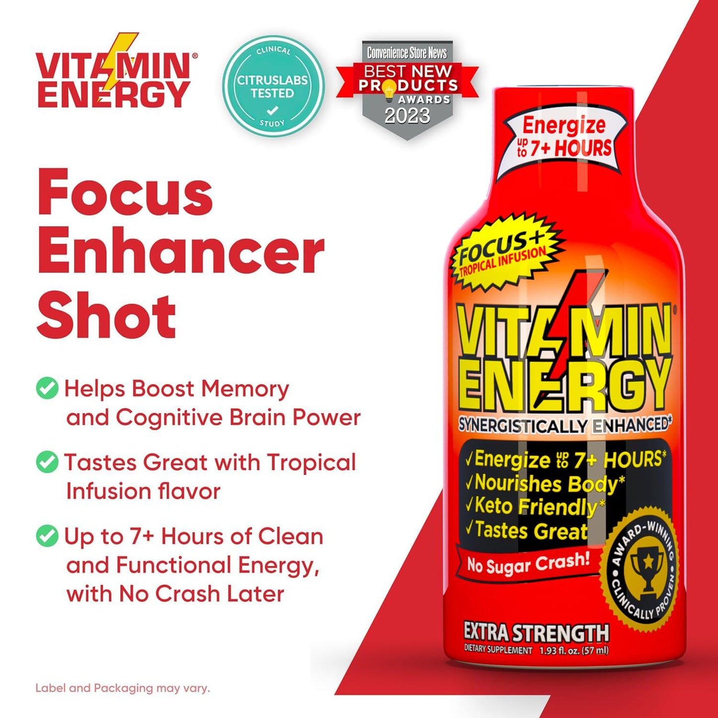Sugar-Free Keto Vegan Energy Shots for Focus & Concentration Boost - Tropical Infusion, 1.93 Fl Oz (Pack of 24)