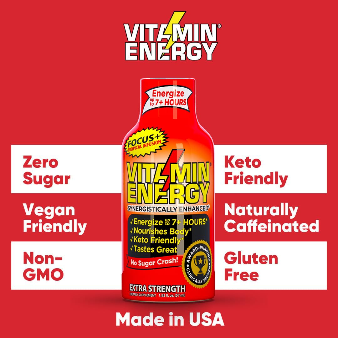 Sugar-Free Keto Vegan Energy Shots for Focus & Concentration Boost - Tropical Infusion, 1.93 Fl Oz (Pack of 24)