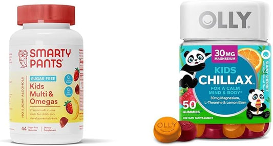 Sugar-Free Kids Multivitamin Gummies with Omega 3 & Chillax Magnesium - Calm Chews for Kids 4+ - Sherbet Flavor - 50 Count