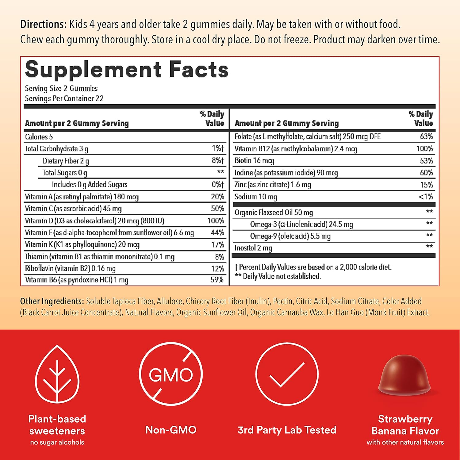 Sugar-Free Kids Multivitamin Gummies with Omega 3 & Chillax Magnesium - Calm Chews for Kids 4+ - Sherbet Flavor - 50 Count